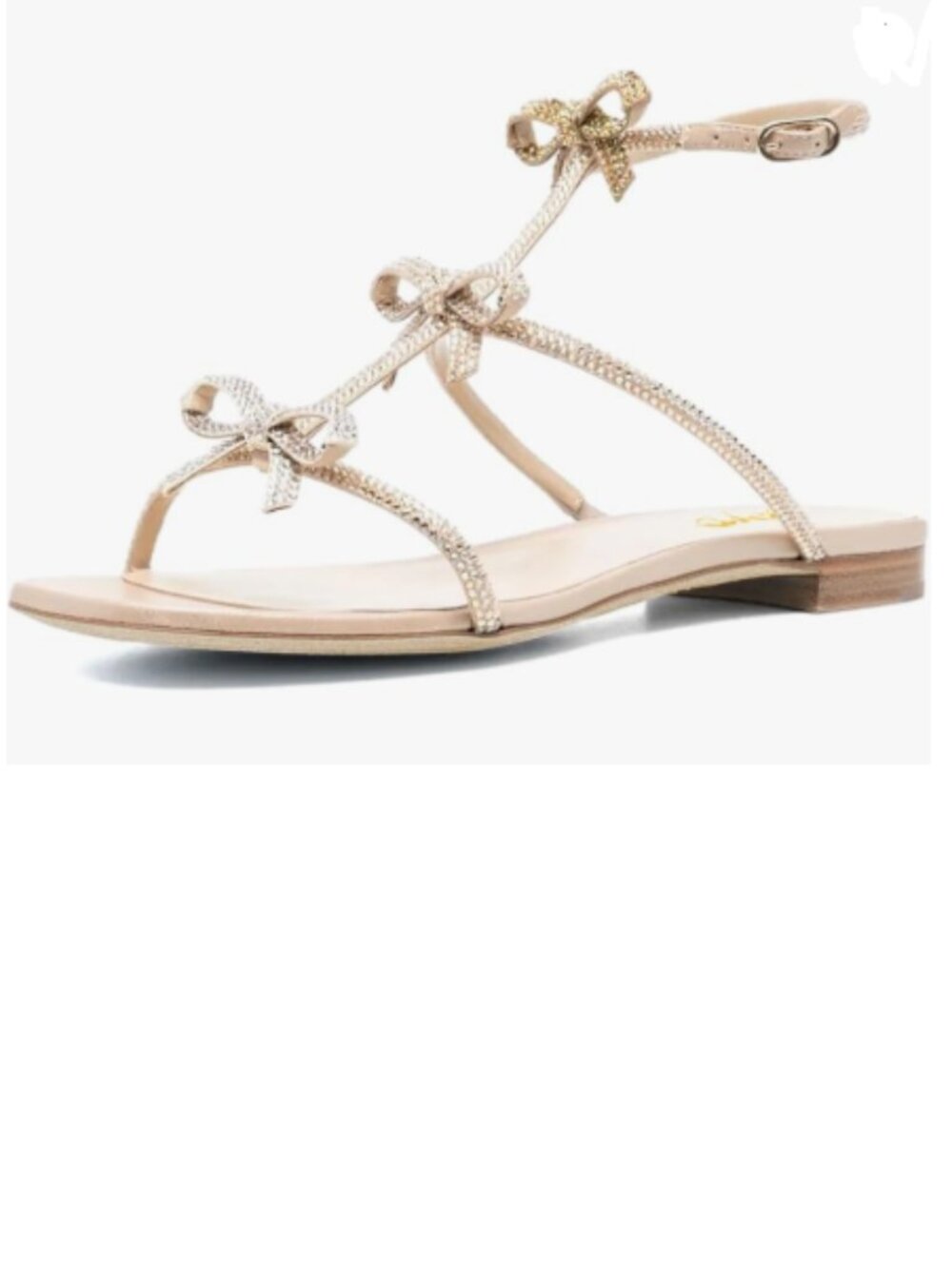 XYD Beige Flat Sandals with Treble Bows Open Toe Crystal Strappy Gladiator Shoes